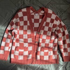 Orange And White Checkered Cardigan